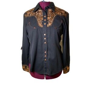 SCULLY Large Womens  Embroidered  Pearl Snap Shirt Cowgirl Rodeo Rockabilly